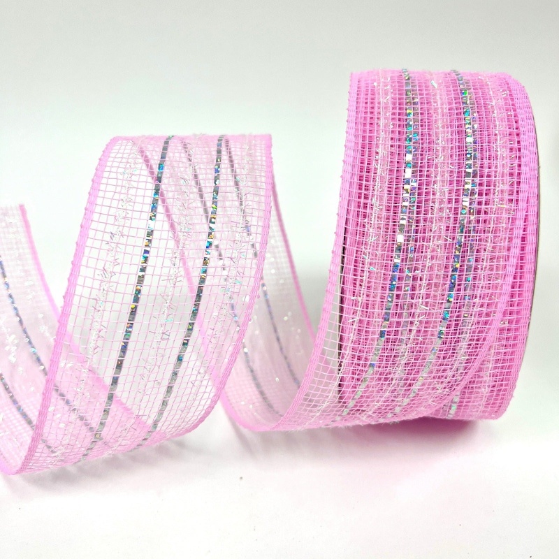 Light Pink - Laser Metallic Mesh Ribbon - ( 2 - 1/2 Inch X 25 Yards )