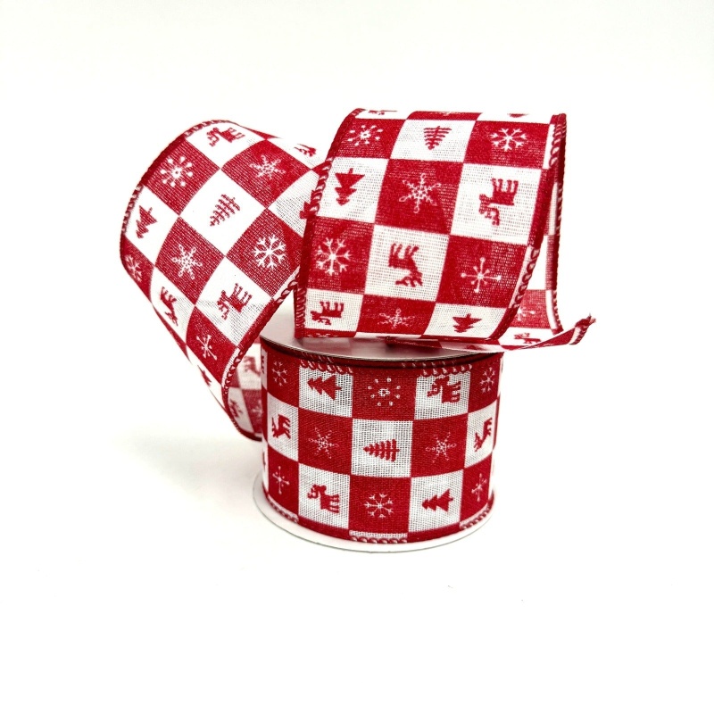 Red White Christmas Icon Buffalo Chex Wired Ribbon - 2.5 Inch X 10 Yards