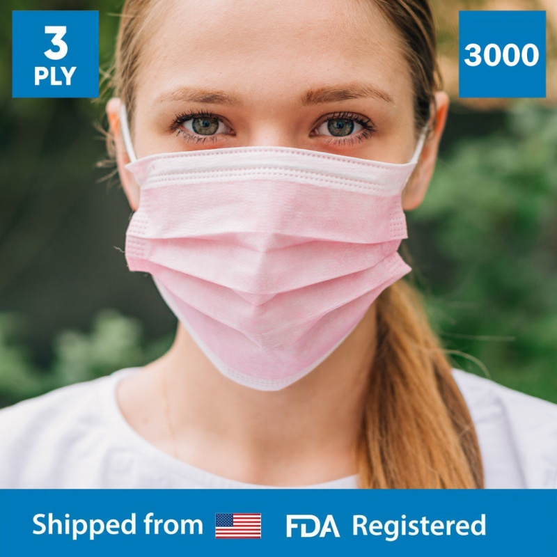 3-Ply Disposable Protective Pink Face Mask - 60 Boxes - 3000 Masks