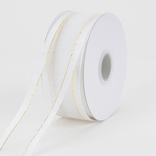 Organza Ribbon Two Striped Satin Edge White With Gold Edge ( 7/8 Inch | 25 Yards )