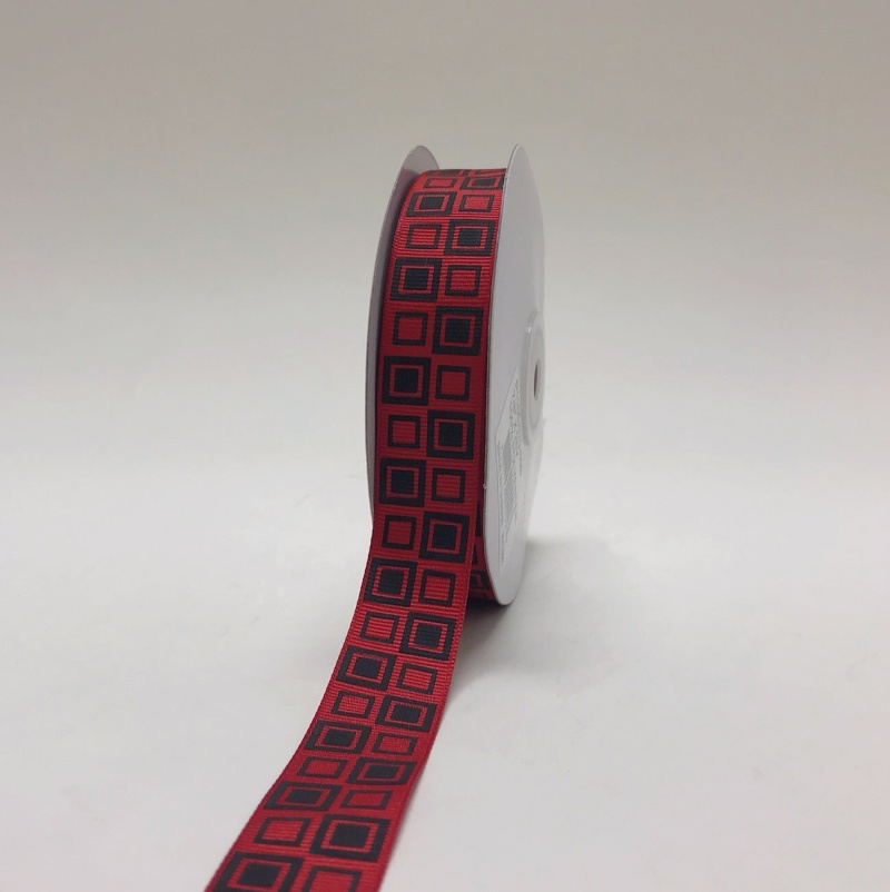 Red With Black - Square Design Grosgrain Ribbon ( 7/8 Inch | 25 Yards )