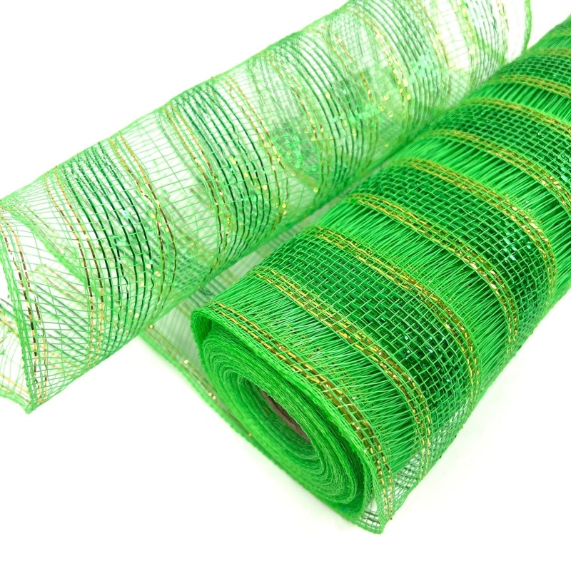 Emerald - Deco Mesh Eyelash Metallic Stripes - (10 Inch X 10 Yards)