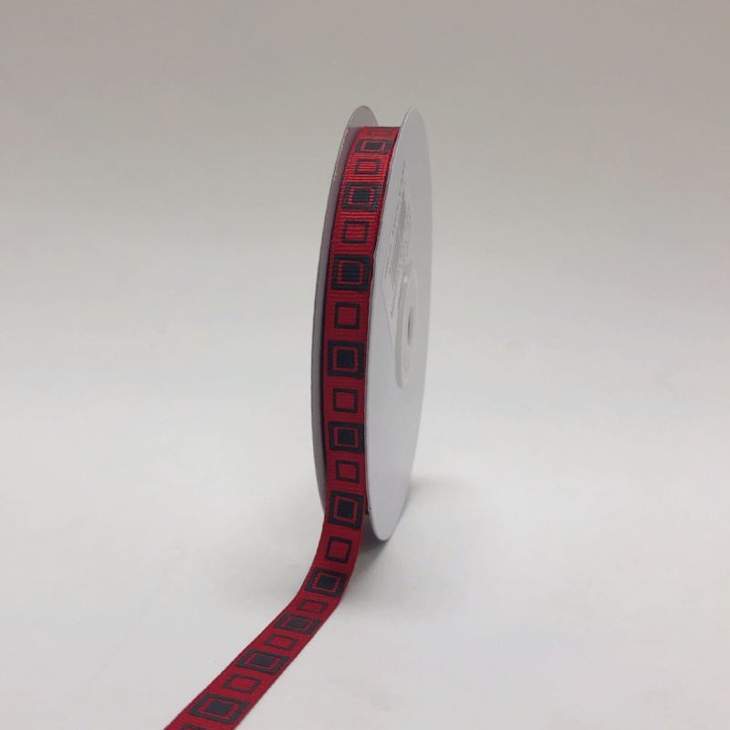 Red With Black - Square Design Grosgrain Ribbon ( 3/8 Inch | 25 Yards )