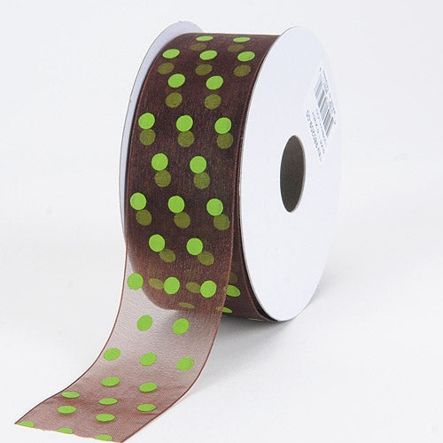 Brown With Green - Organza Polka Dot Ribbon - ( W: 5/8 Inch | L: 25 Yards )