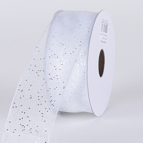 Organza Ribbon With Glitters Wired Edge White Silver ( W: 5/8 Inch | L: 25 Yards )