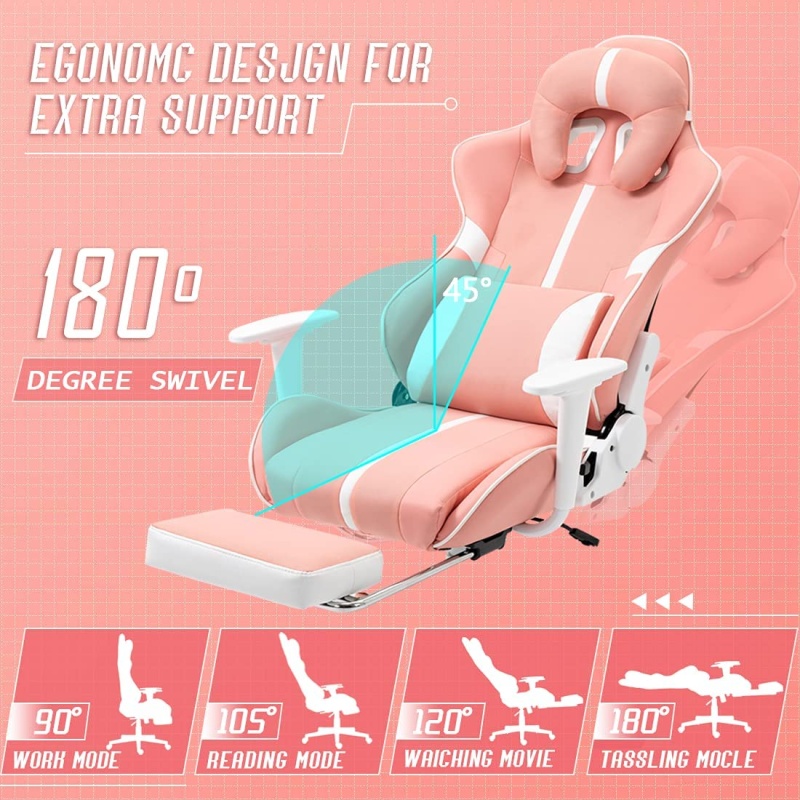 X-Volsport Pink Gaming Chair With Headrest And Lumbar Support For Girls And Teens, Office Computer Chair Gamer Chair With Footrest, Racing Style Fabric Ergonomic Video Game Chair For Women