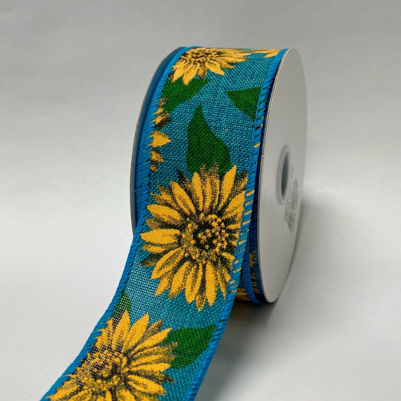 1.5 Inch X 10 Yards - Teal Linen Fall Sunflowers Ribbon
