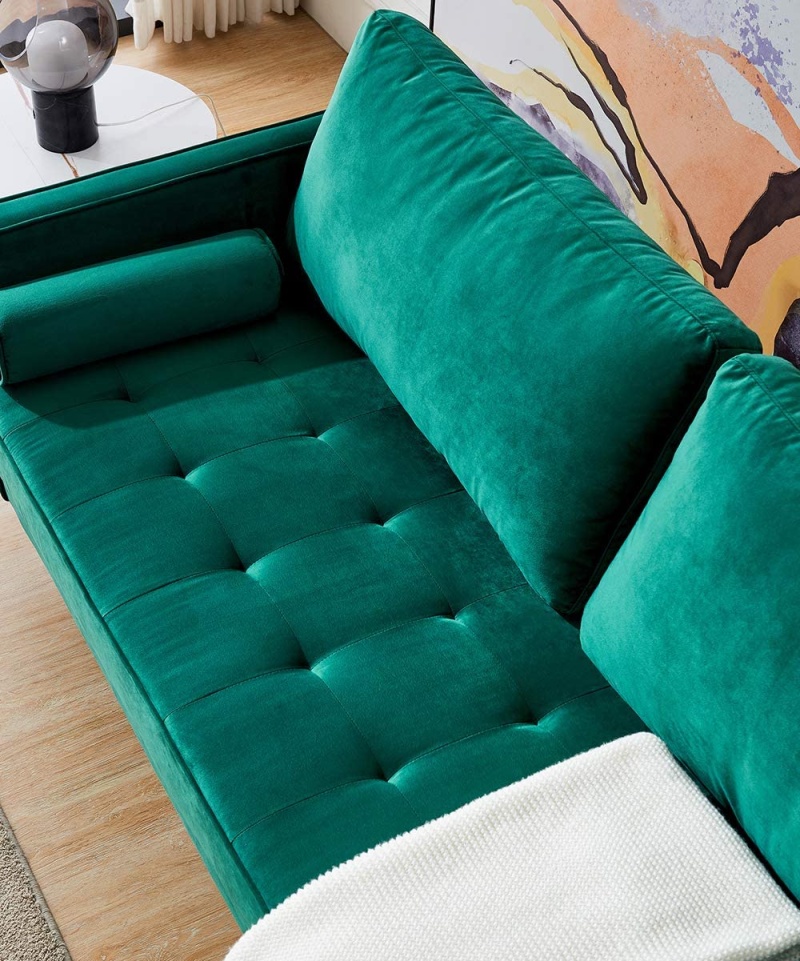 Modern Velvet Sofa Couch With 2 Cylindrical Pillows, Mid-Century Loveseat Contemporary Sofas For Living Room And Bedroom (Green)