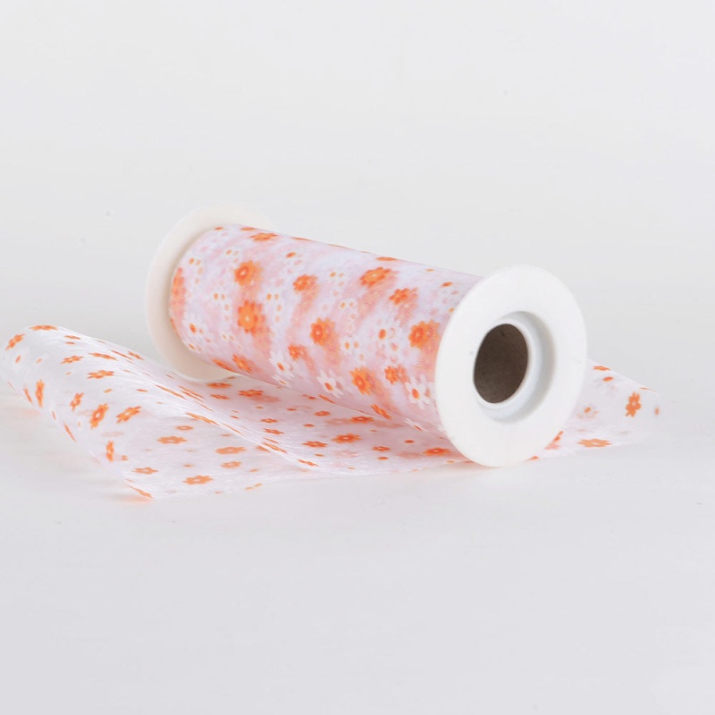 White With Orange - 6" Organza Flower Roll - ( 6 Inch|10 Yards )