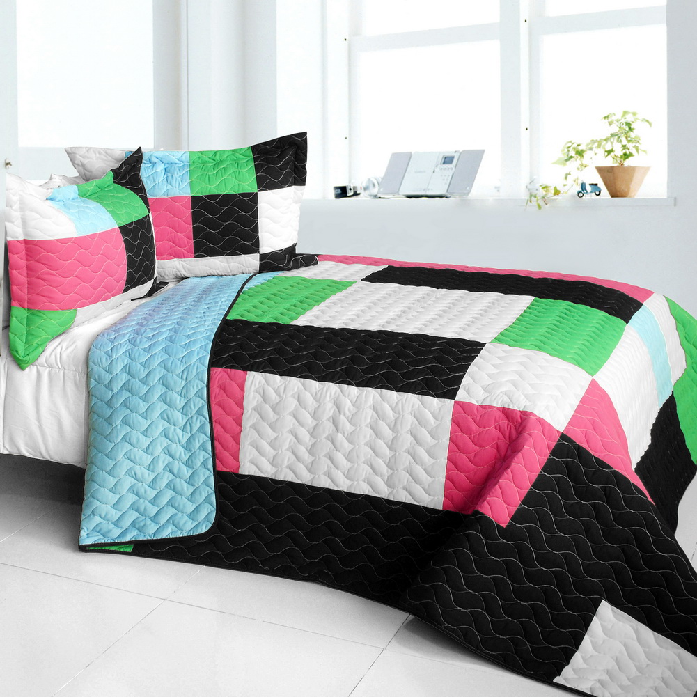 3Pc Vermicelli Quilted Patchwork Quilt Set Throb Of Encounters