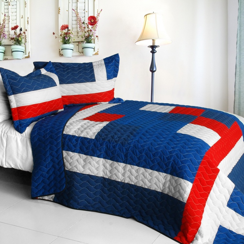 Vermicelli-Quilted Patchwork Geometric Quilt Set Full - Navy
