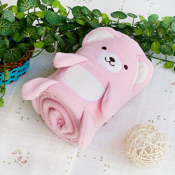 Embroidered Applique Coral Fleece Baby Throw Blanket - Happy Bear - Pink