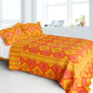 Cotton 3Pc Vermicelli-Quilted Striped Patchwork Quilt Set - Burning Flame