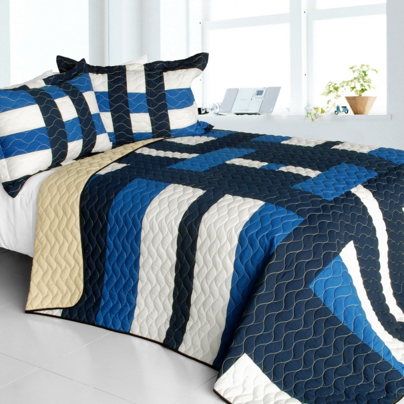 Vermicelli-Quilted Patchwork Geometric Quilt Set Full - Waves Axero