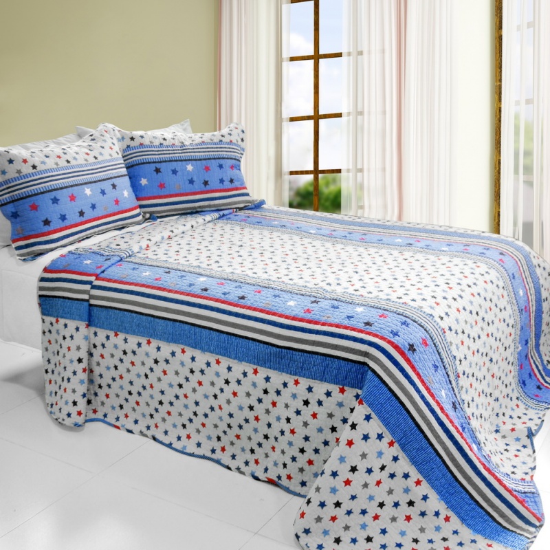 3Pc Cotton Vermicelli-Quilted Printed Quilt Set - Multicolor Star