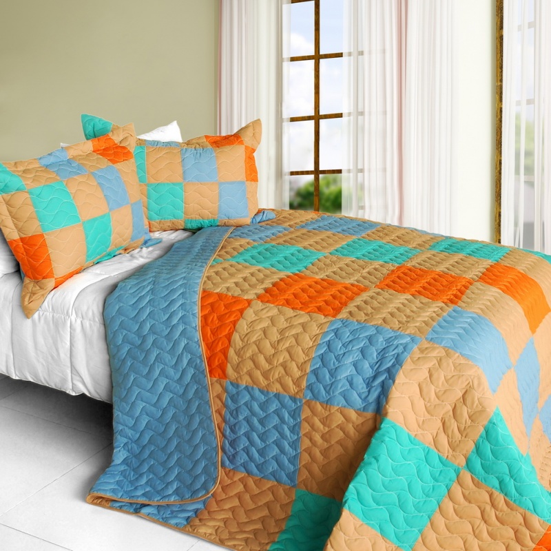3Pc Vermicelli-Quilted Patchwork Quilt Set - Blue World