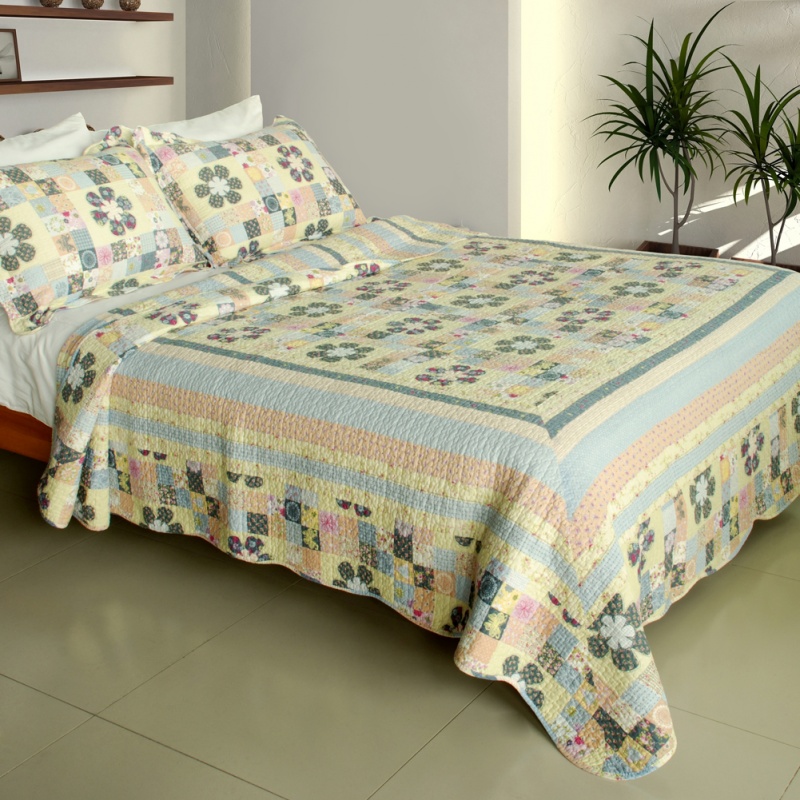 100% Cotton 3Pc Vermicelli-Quilted Patchwork Quilt Set - Halcyon Harmony