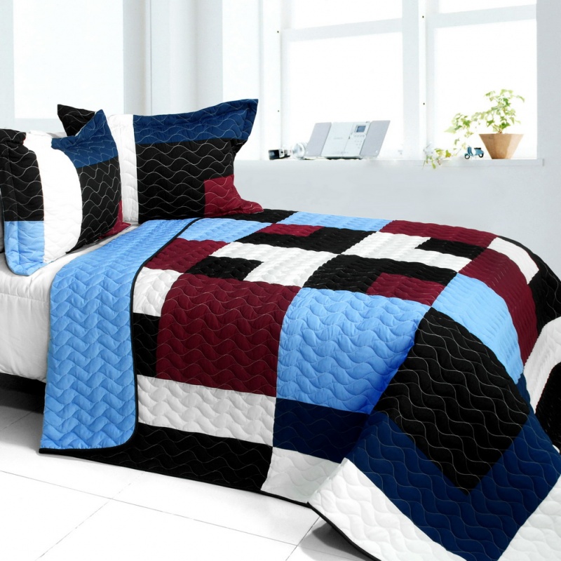 3Pc Vermicelli - Quilted Patchwork Quilt Set - Blue Coral