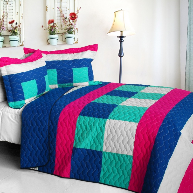 Vermicelli-Quilted Patchwork Plaid Quilt Set Full - Eternity