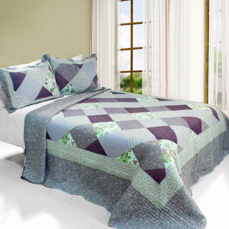 Cotton 3Pc Vermicelli-Quilted Printed Quilt Set - Purple Memory