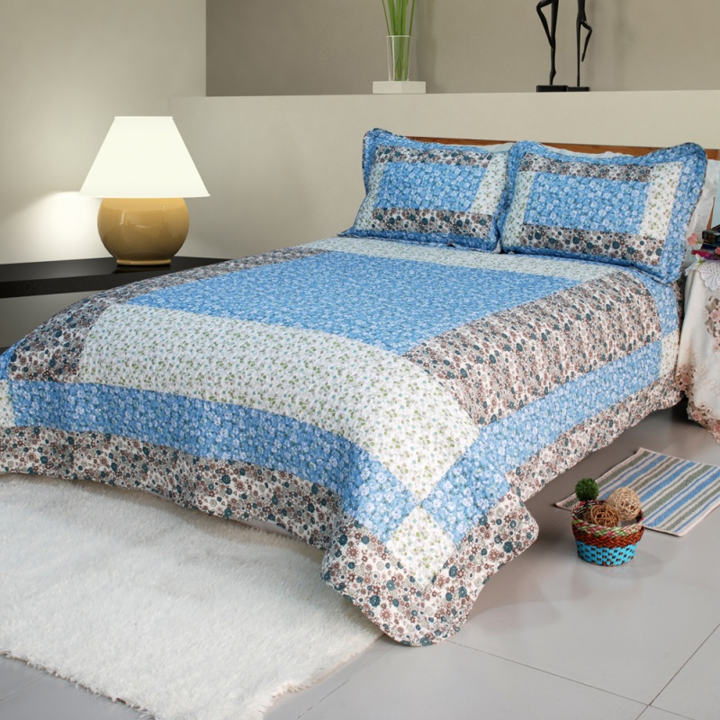 100% Cotton 3Pc Floral Vermicelli-Quilted Patchwork Quilt Set - Midsummer Dream