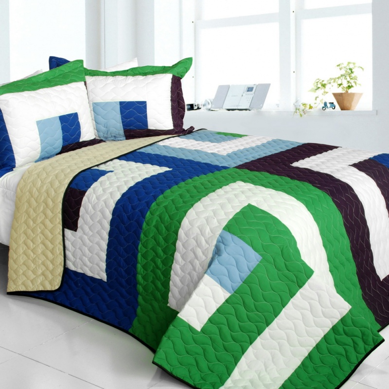 Vermicelli-Quilted Patchwork Geometric Quilt Set Full - Dizzy Sun