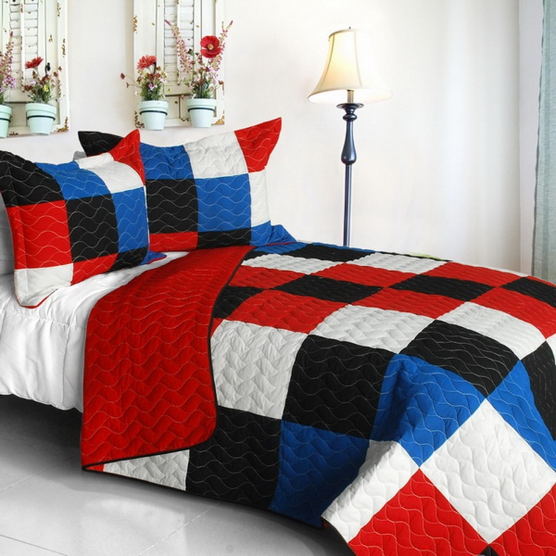 3Pc Vermicelli-Quilted Patchwork Quilt Set - Chess
