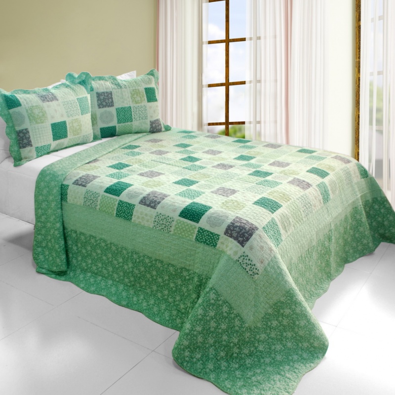 Cotton 3Pc Vermicelli-Quilted Printed Quilt Set - Green Fields