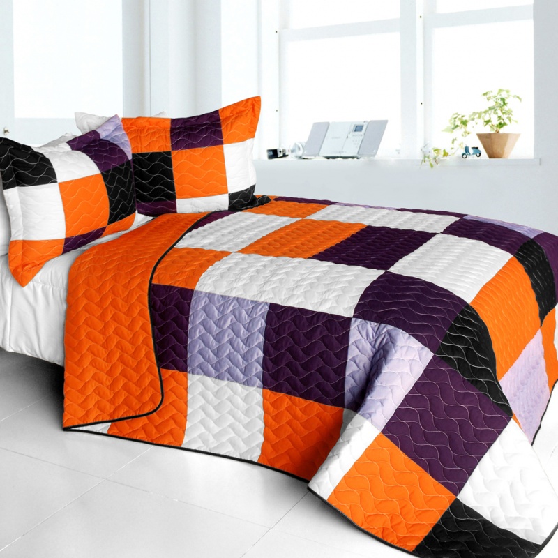 3Pc Vermicelli - Quilted Patchwork Quilt Set - Chess Game