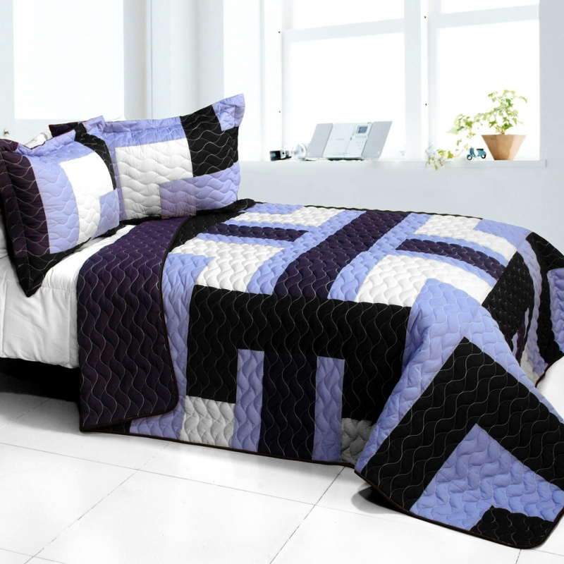 3Pc Vermicelli - Quilted Patchwork Quilt Set - Purple Roadster