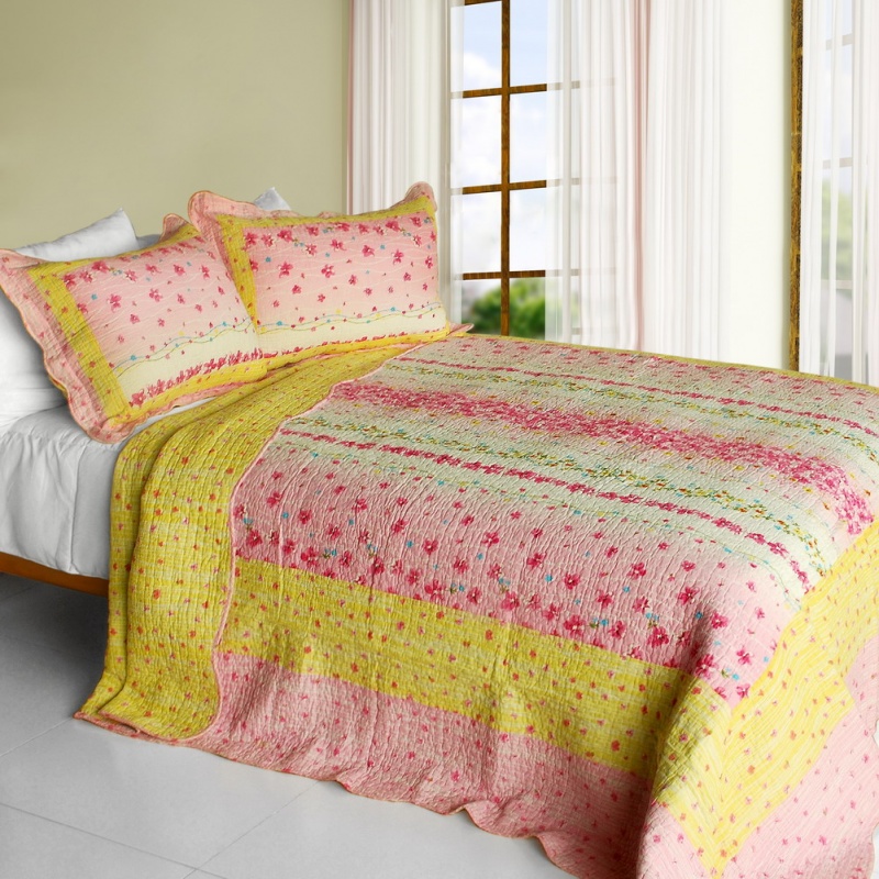 3Pc Cotton Contained Vermicelli-Quilted Patchwork Quilt Set - Magic Clover