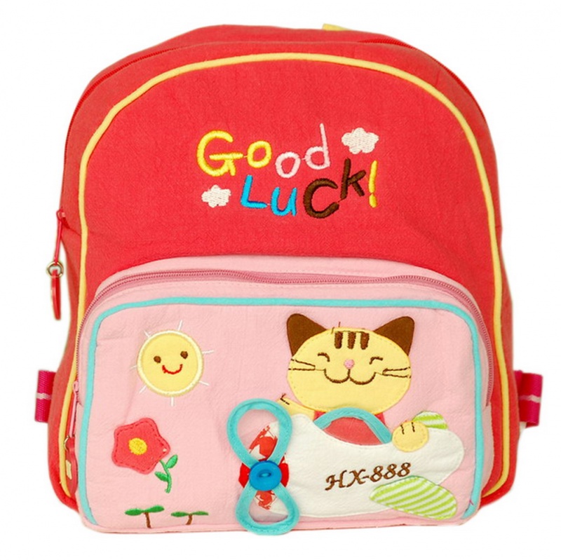 Embroidered Applique Kids Fabric Art School Backpack - Honey Cat