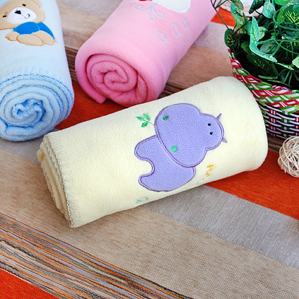 Embroidered Applique Coral Fleece Baby Throw Blanket - Purple Hippo - Yellow