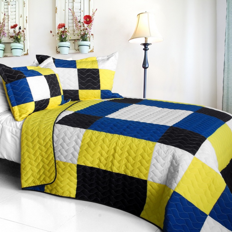 Vermicelli-Quilted Patchwork Geometric Quilt Set Full - Little Smile