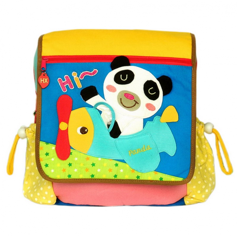 Embroidered Applique Kids Fabric Art School Backpack - Hi Panda