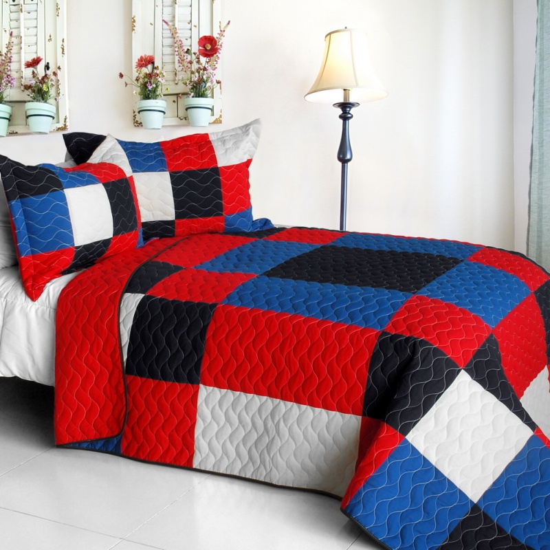 Vermicelli-Quilted Patchwork Geometric Quilt Set Full - Eternal Passion
