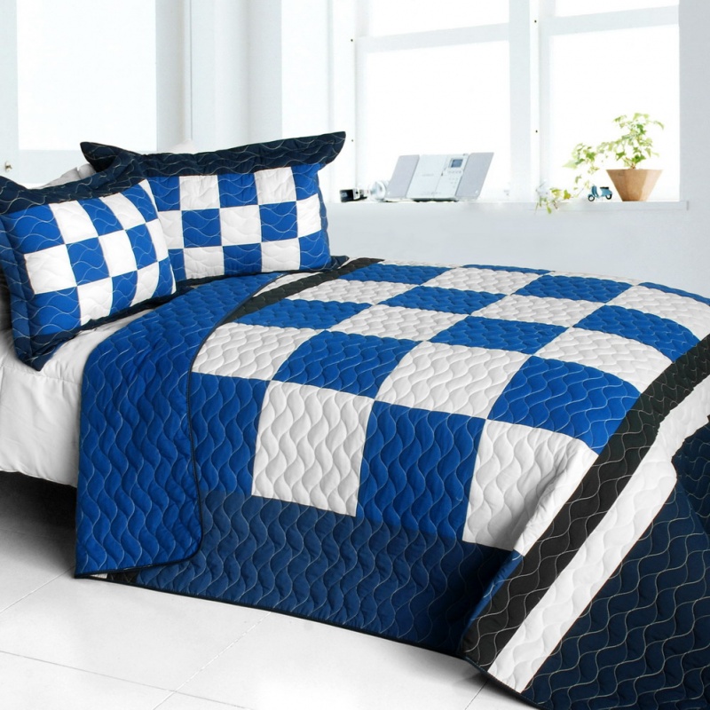 Vermicelli-Quilted Patchwork Plaid Quilt Set Full - Anything Is Possible
