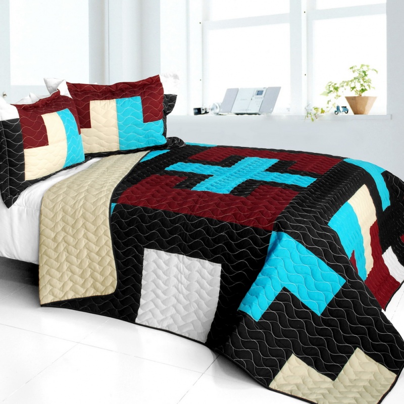 3Pc Vermicelli - Quilted Patchwork Quilt Set - Mysterious Nocturne
