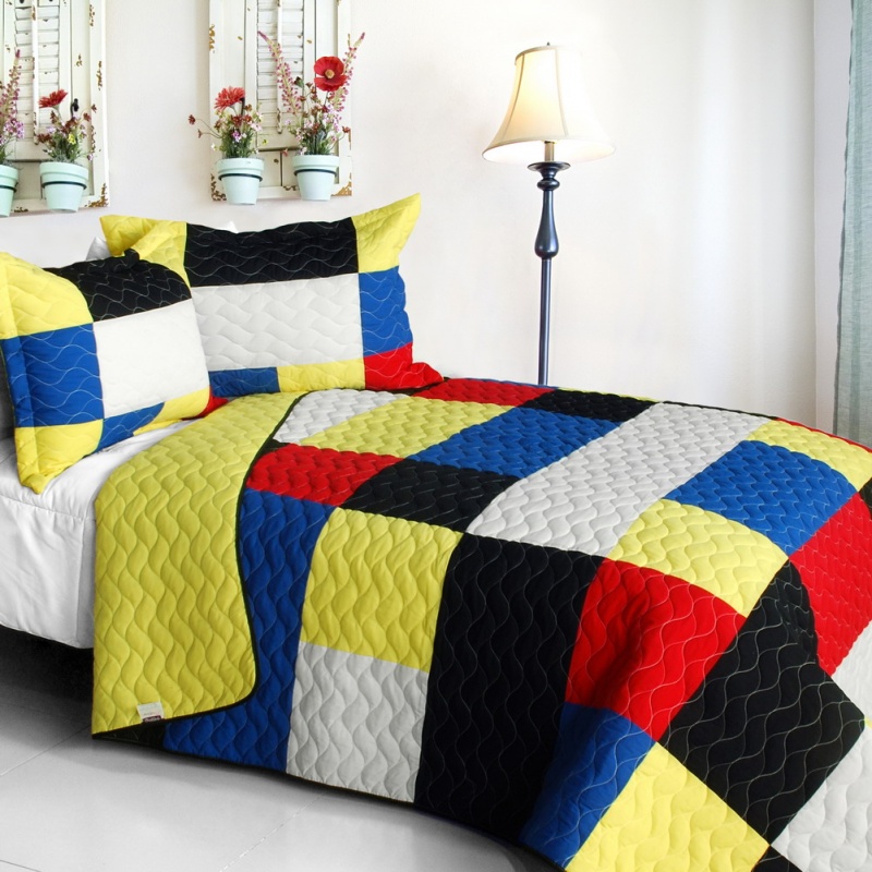 Vermicelli-Quilted Patchwork Plaid Quilt Set Full - Fantastic Beauty