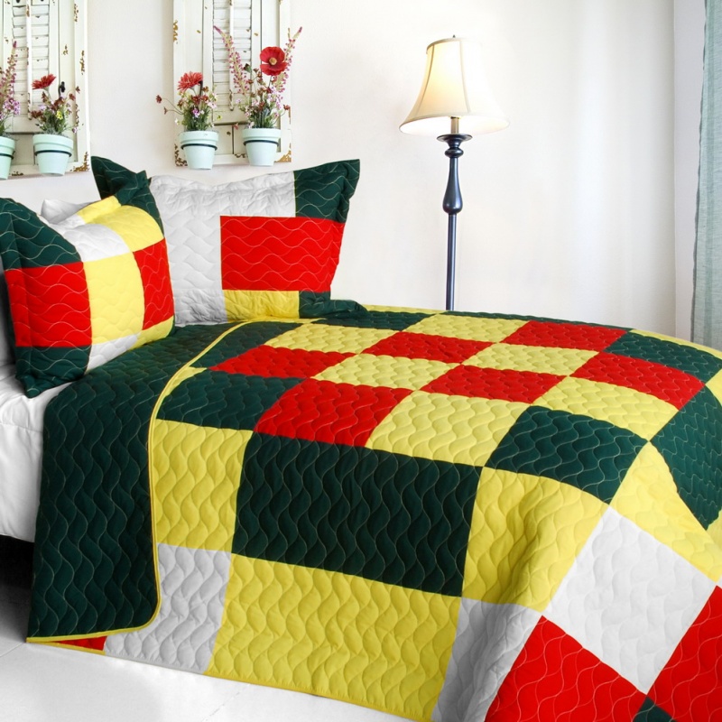 Vermicelli-Quilted Patchwork Plaid Quilt Set Full - Ixora Chinensis