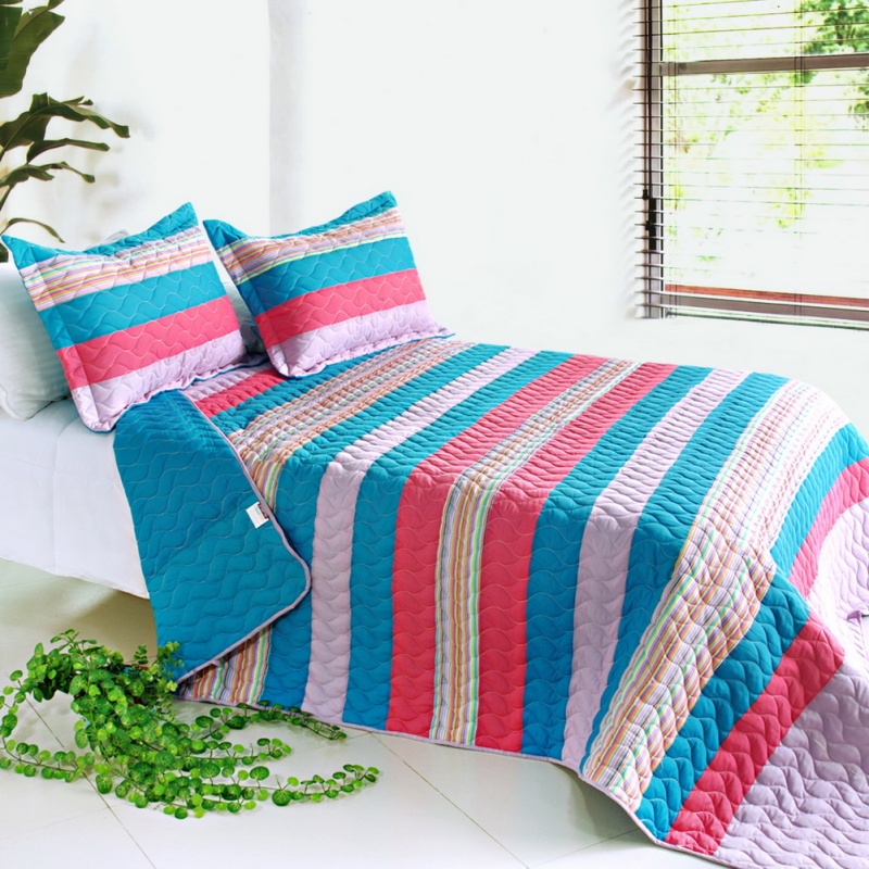 3Pc Vermicelli-Quilted Striped Quilt Set - Colorful Sky