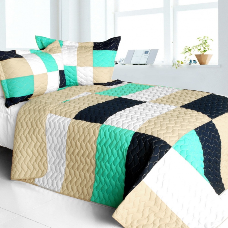 Vermicelli-Quilted Patchwork Geometric Quilt Set Full - So Dance
