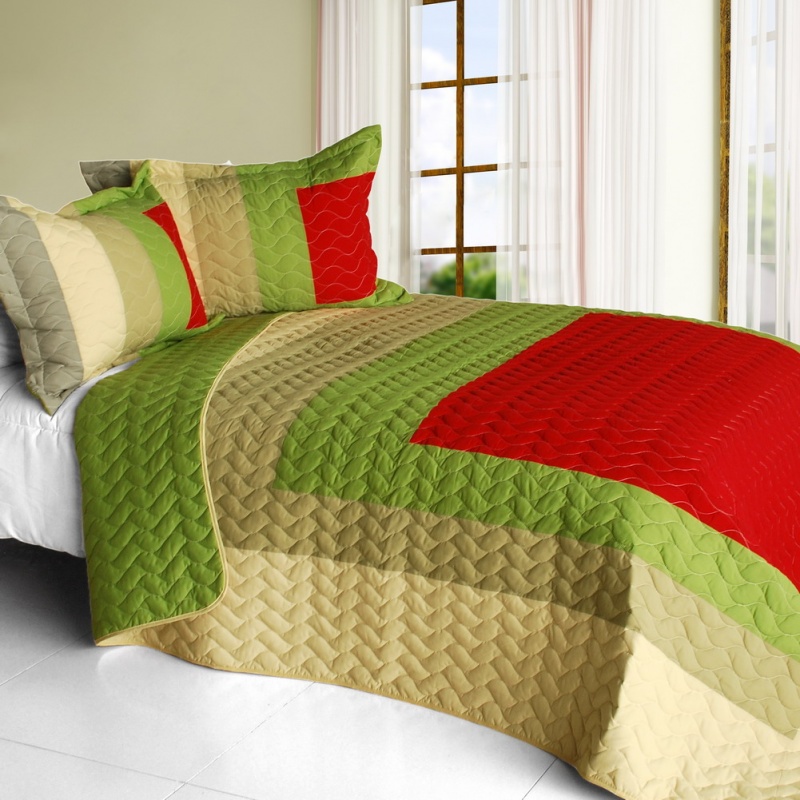 Vermicelli-Quilted Patchwork Geometric Quilt Set Full - My Garden