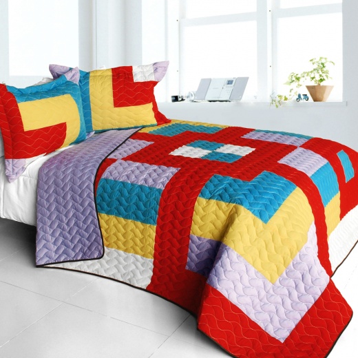 3Pc Vermicelli Quilted Patchwork Quilt Set - Second Space