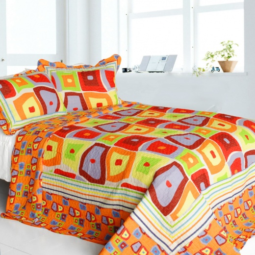 Cotton 3Pc Vermicelli-Quilted Striped Printed Quilt Set - Sparks Fly
