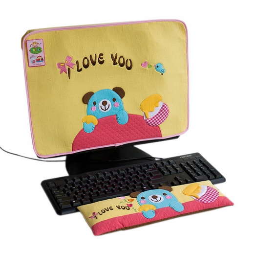 Embroidered Applique Fabric Art 17 Inch Monitor Screen Cover & Wrist Rest Pad - Blue Bear-Yellow