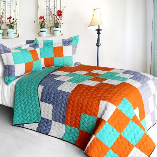 3Pc Vermicelli Quilted Patchwork Quilt Set - Dream Proposal