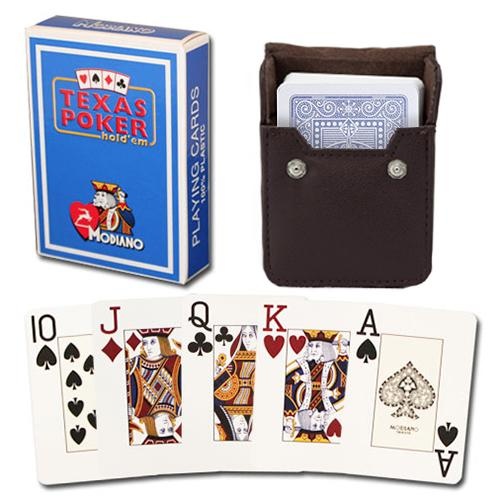 Light Blue Modiano Texas, Poker-Jumbo Cards W/ Leather Case