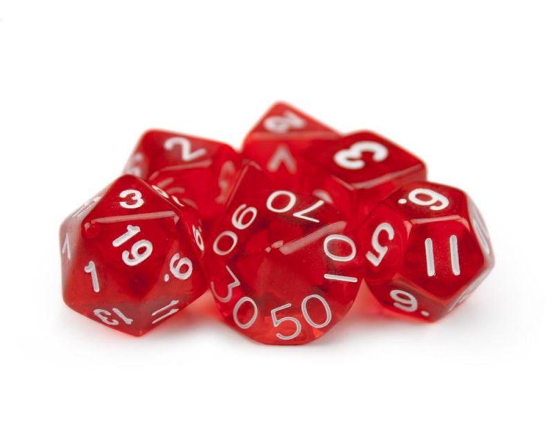 7 Die Polyhedral Dice Set In Velvet Pouch- Translucent Red
