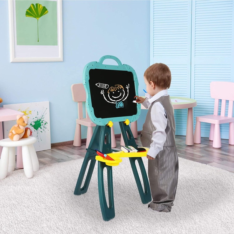 Standing Easel Board For Kids, 3 In 1 Dry Erase White Board, Magnetic Board And Chalkboard Art Activity Drawing With Extra Accessories For Kid, Blue